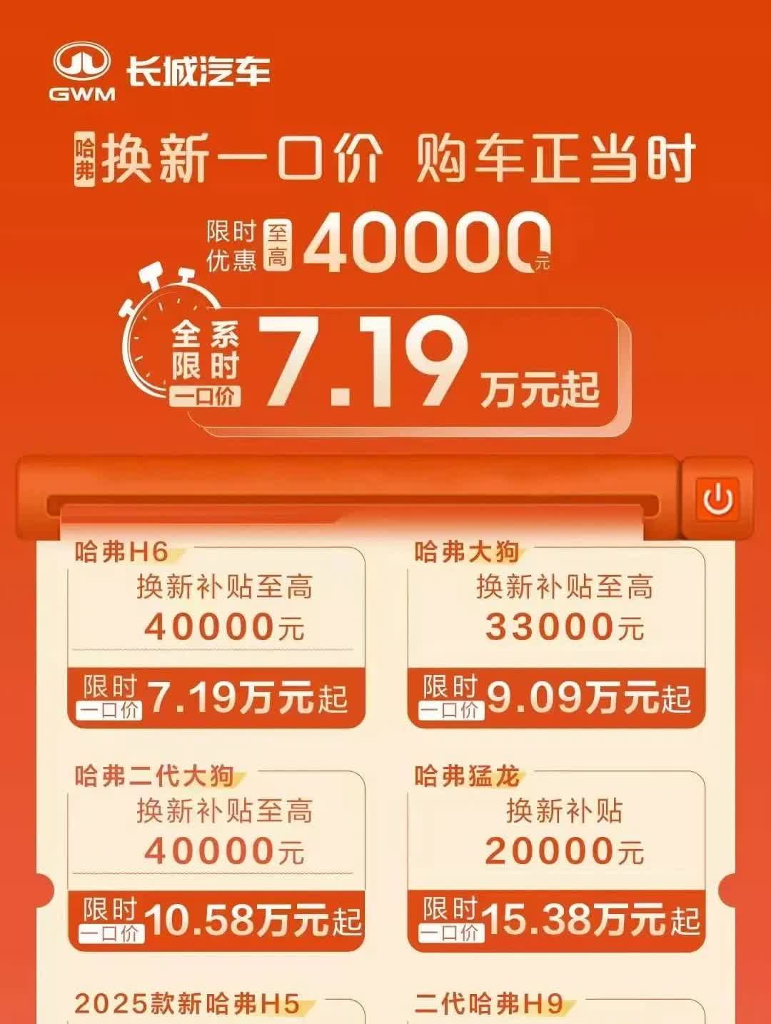 哈弗开启全车一口价
哈弗被逼急了，价格一降到底，最低7.19w起，子弹已经打完