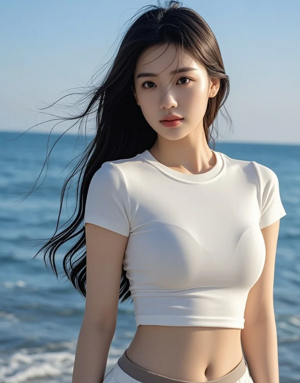 海浪为弦美人奏，碧海蓝天共一秋
