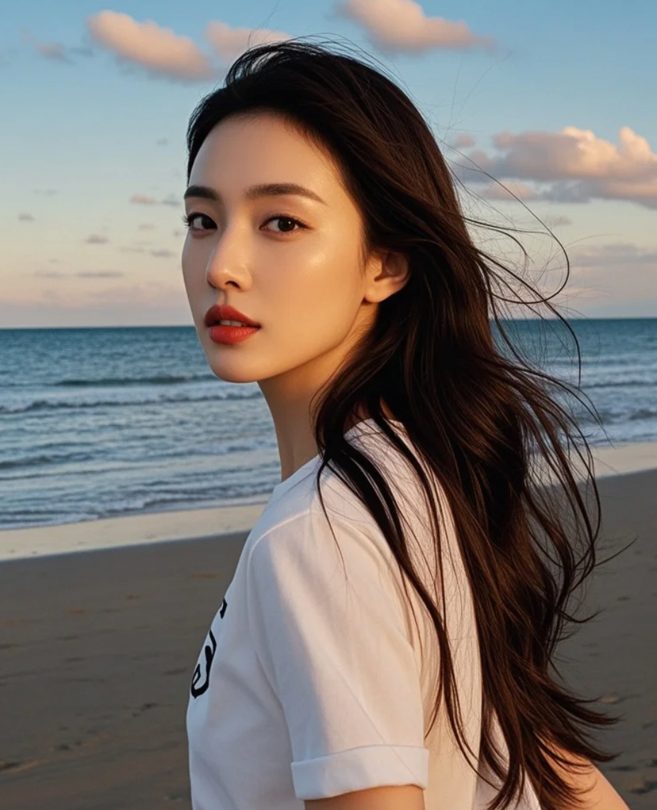 晚风温柔，她唇色如焰，漫步在金色沙滩，举手投足间尽是阳光亲和的巨星风采