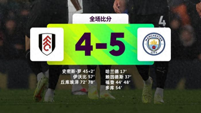九球盛宴载入史册：富勒姆4-5曼城，曼城暂超阿森纳登顶