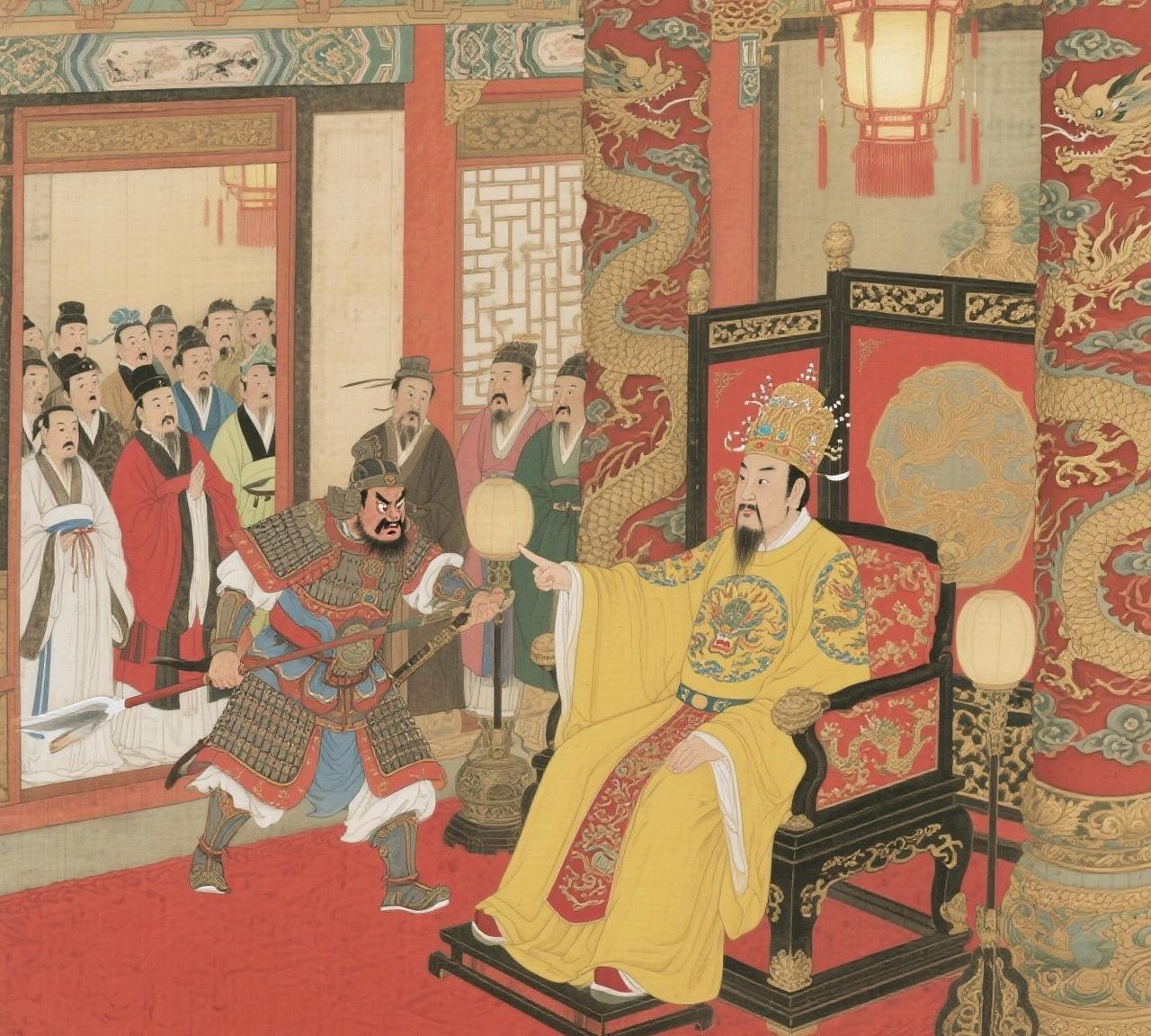 唐昭宗过寿，在椒兰殿大宴群臣。梁王朱温带领铁枪将、葛从周全副披挂怒冲冲上到殿来。