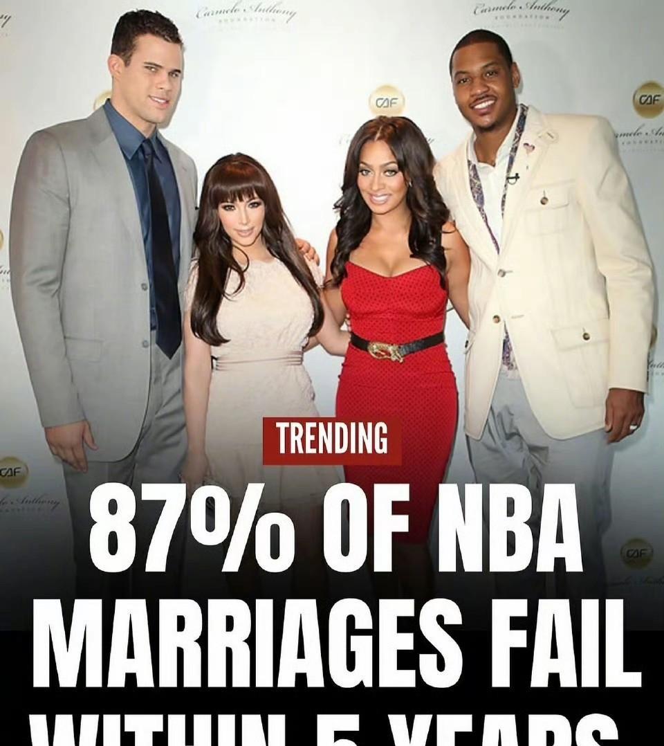 离婚率真的高！据统计，NBA球员中，有87%的人，婚姻都撑不过5年时间！
这也是