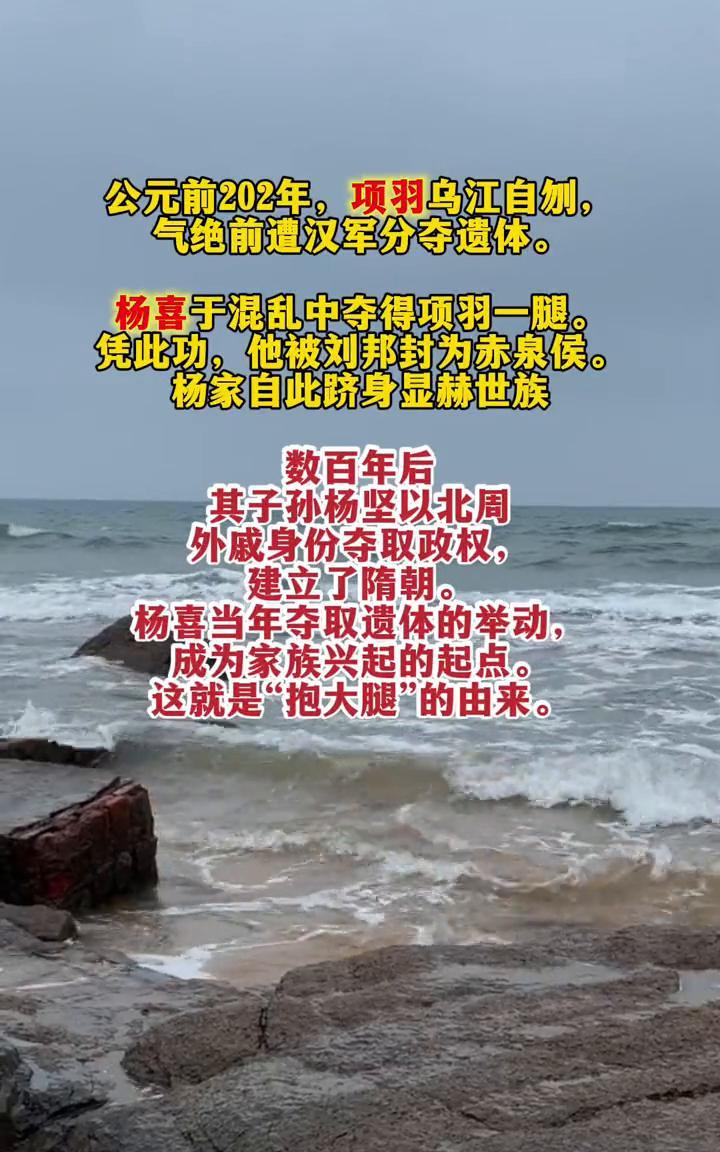 公元前202年，项羽乌江自刎，气绝前遭汉军分夺遗体。杨喜于混乱中夺得项羽一腿。凭