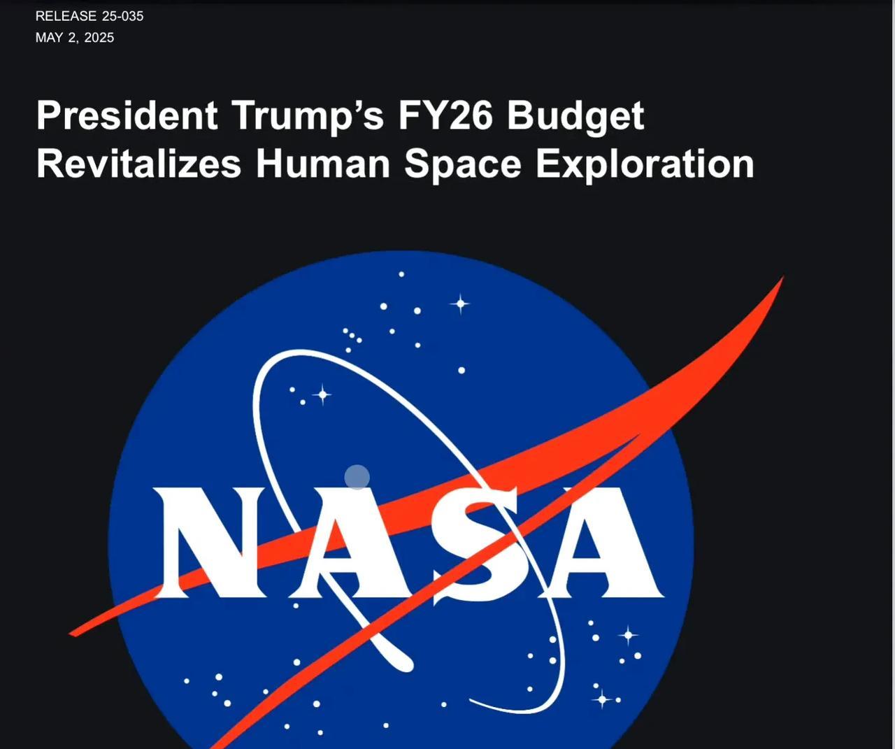 NASA发布川普政府制定的财年预算——
1. 要争载人航天名次！月球探索投入超过