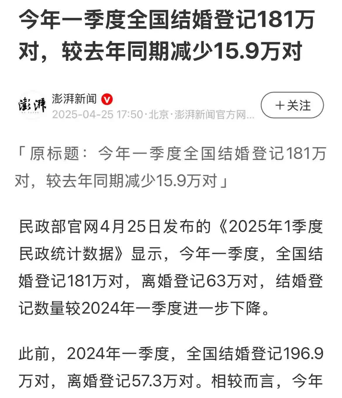 一季度结婚人数再创新低，结婚登记181万对，上年同期为196.9万对。结婚，已经