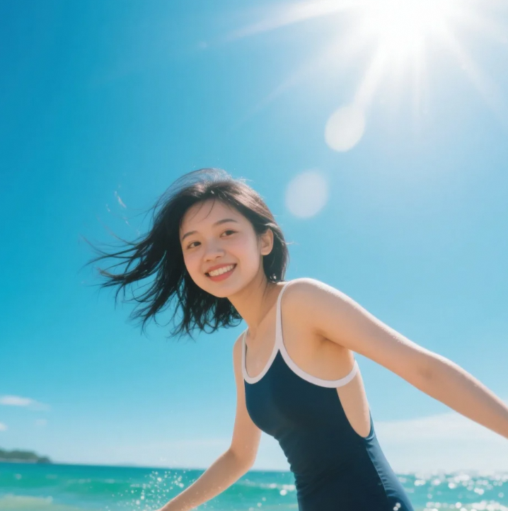 连体泳装在浪尖跳跃的性感符号