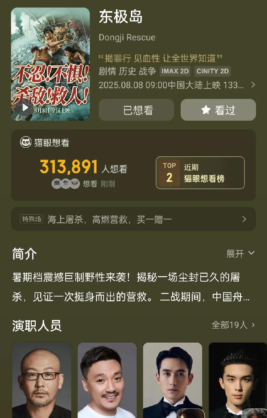 《东极岛》猫眼想看人数增加到31.3万，淘票票增加到49.7万。还有一个礼拜的时