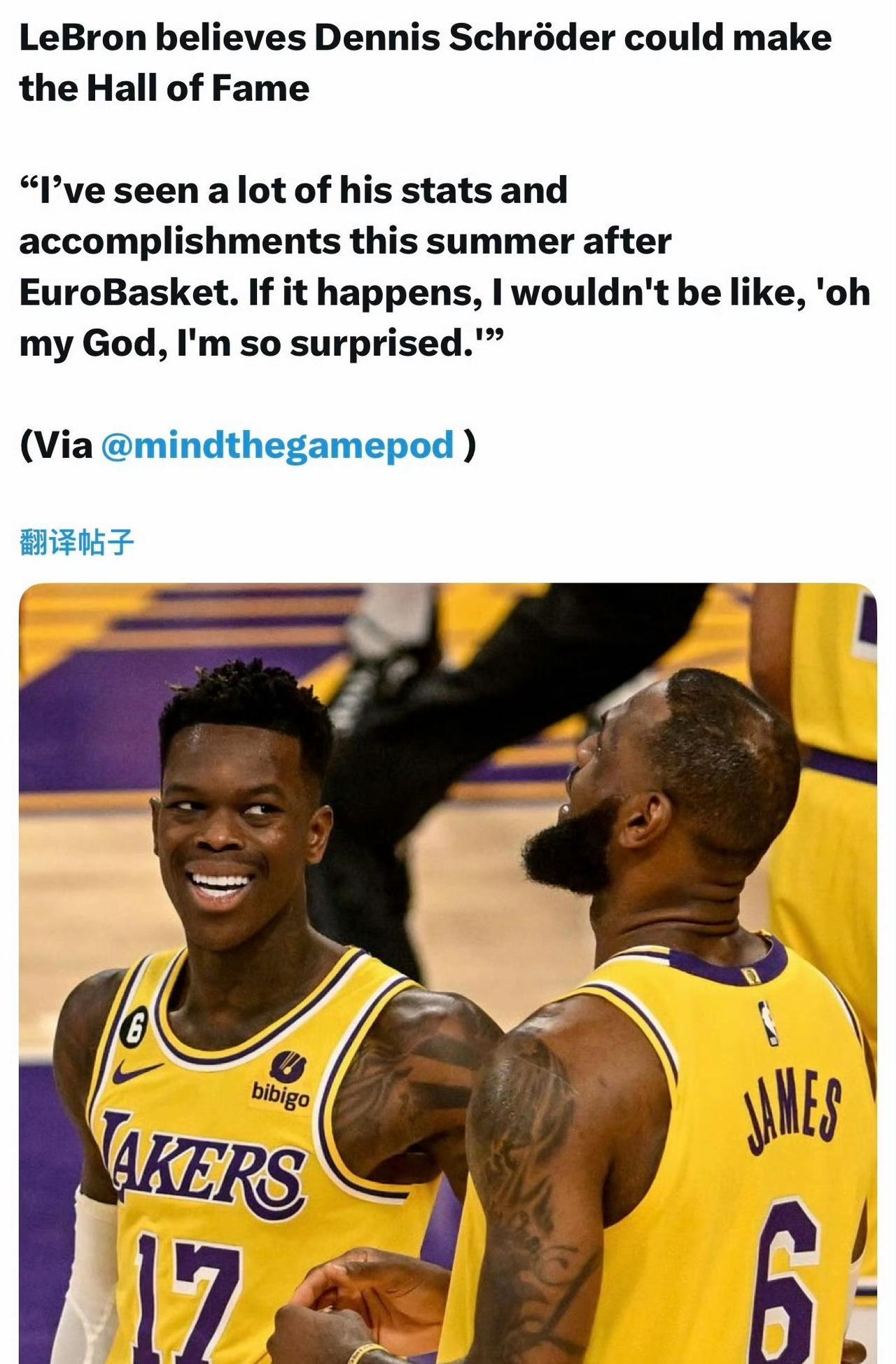 施罗德能进NBA名人堂？
近日，湖人队球星詹姆斯在自己的播客节目中谈到了刚刚带队
