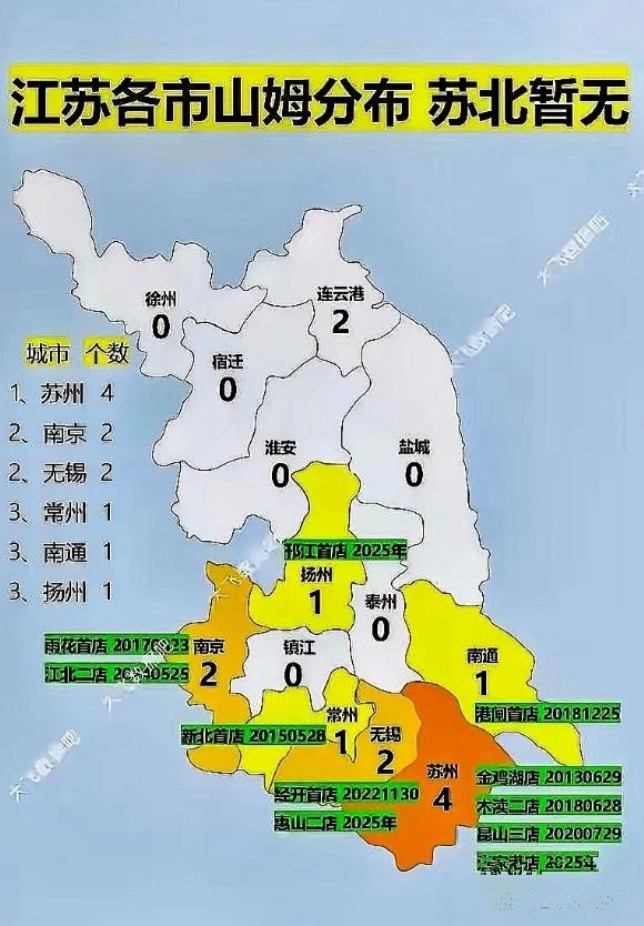 从山姆的店铺就可以看出江苏的穷富程度了，看看吧，几乎都在苏南地区。
看来山姆大叔
