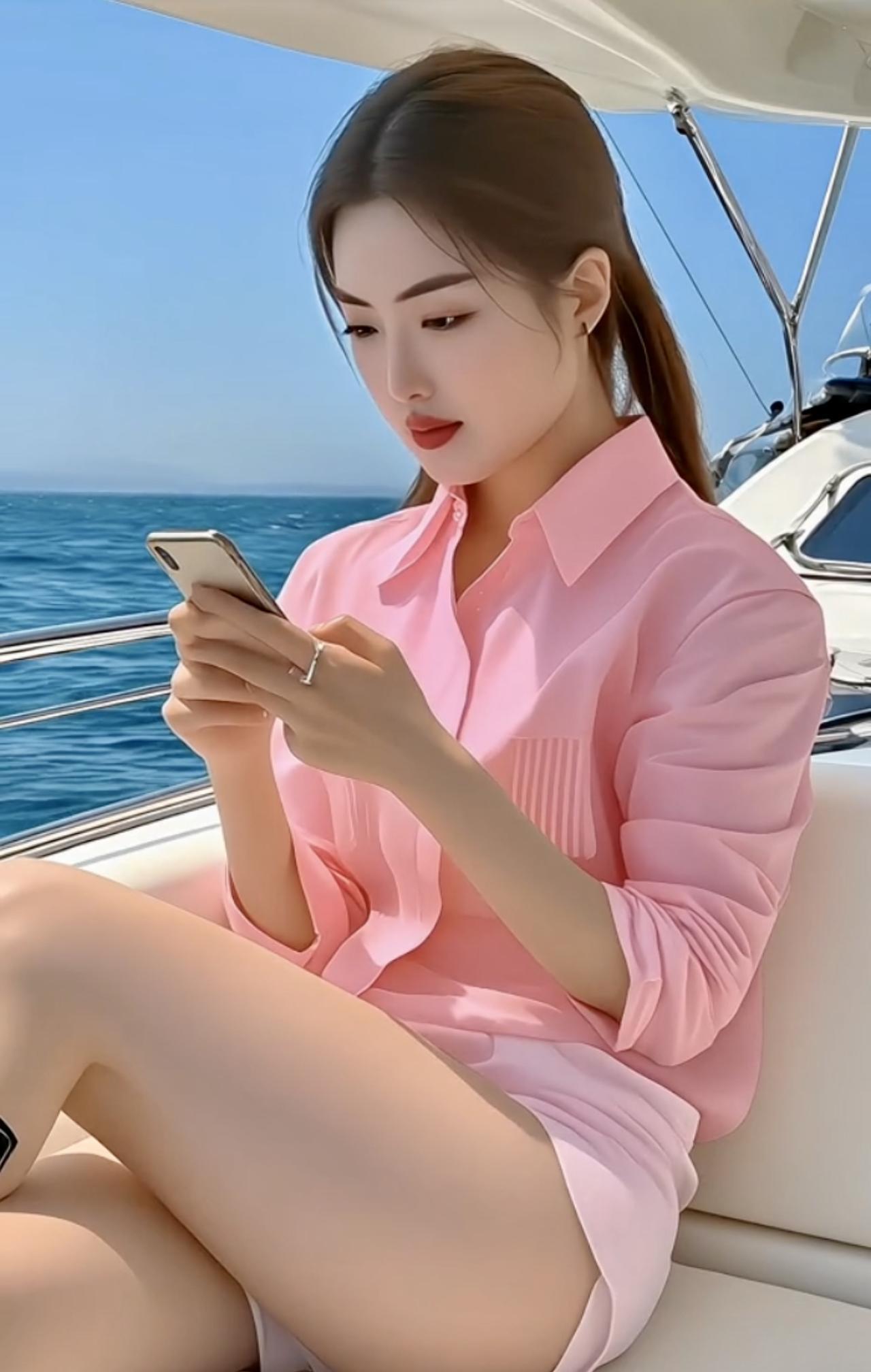 大海中的浪漫
游艇浮在蓝海边，
粉衣姑娘坐得闲。
低头专注看手机，
海风轻拂发丝