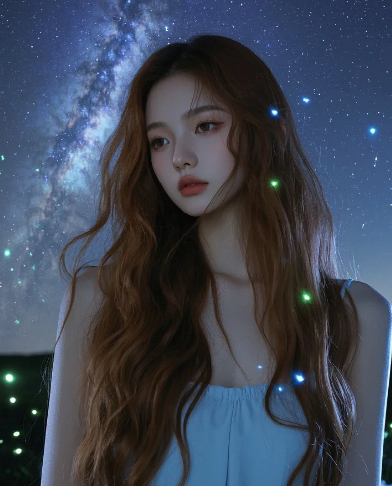 她凝视着星空，似乎在寻找属于自己的星座。