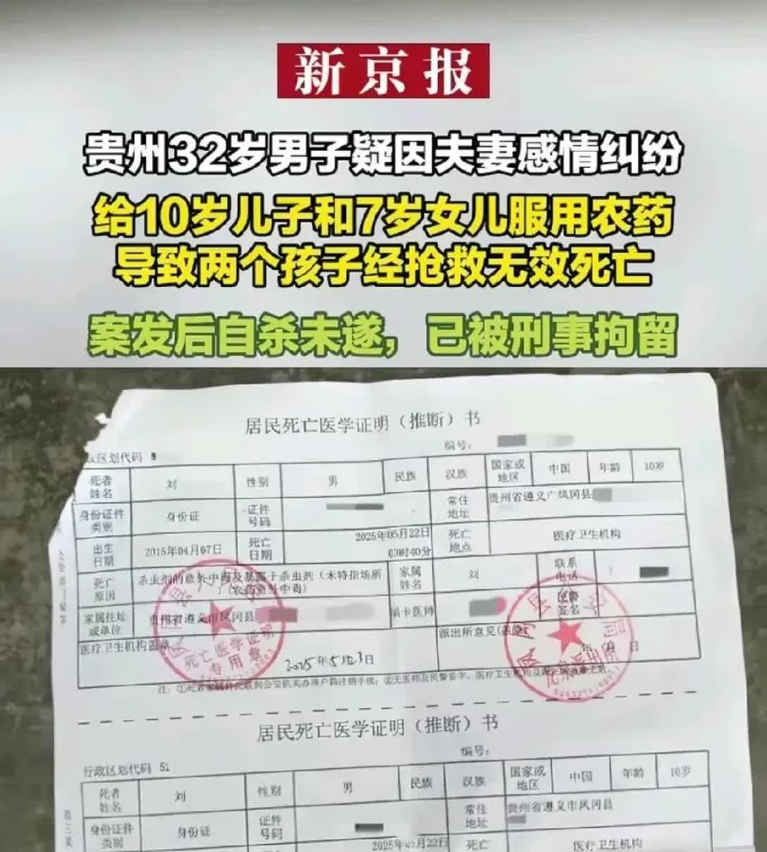 狠心男子因与妻子吵架，竟然毒死自己一双儿女，后自杀未遂。

贵州32岁男子与