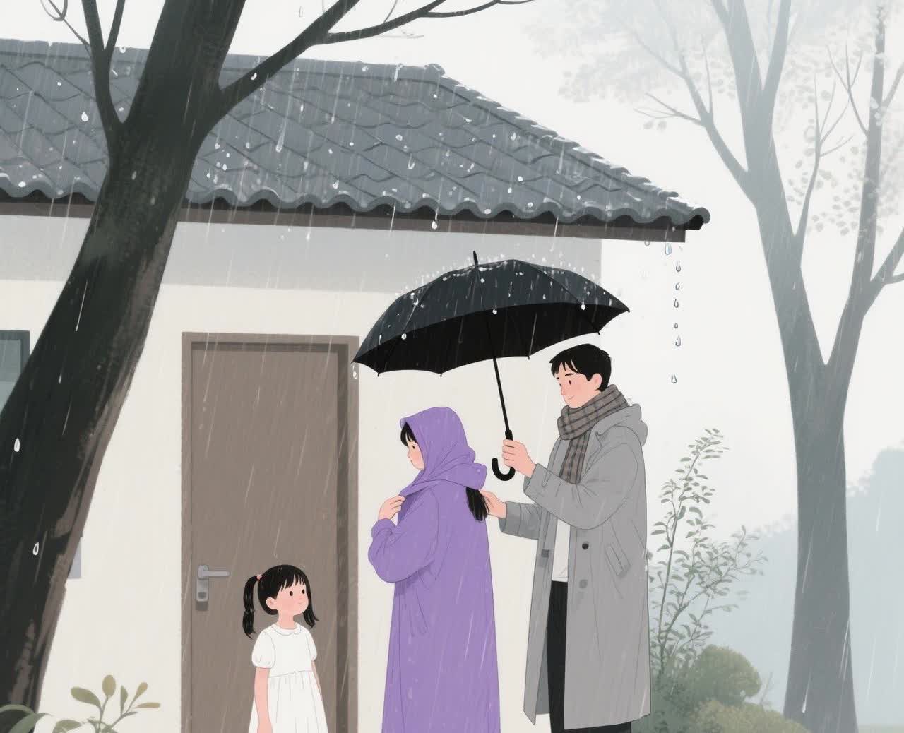 今天早上下楼时
偶然瞥见隔壁栋屋檐下的一家三口
男子一手撑着伞
一手细细地
