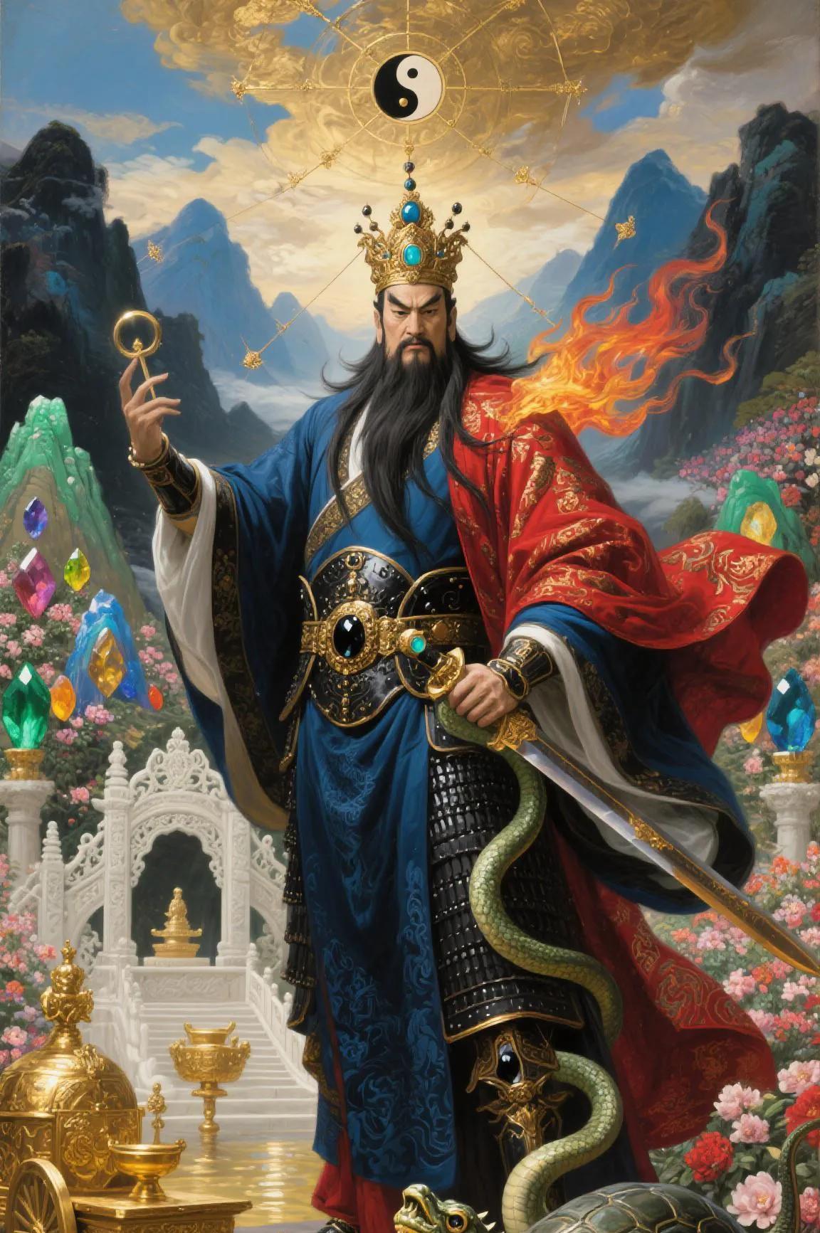 真武大帝威风显，脚踏龟蛇镇凶邪。三目怒睁妖邪惧，长须飘动正气携。
墨玉神盾护平安