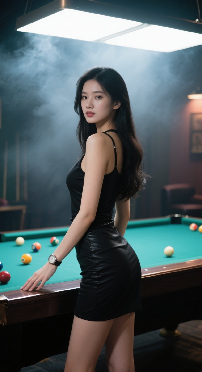 气质女神玩台球，杆杆精准显英姿