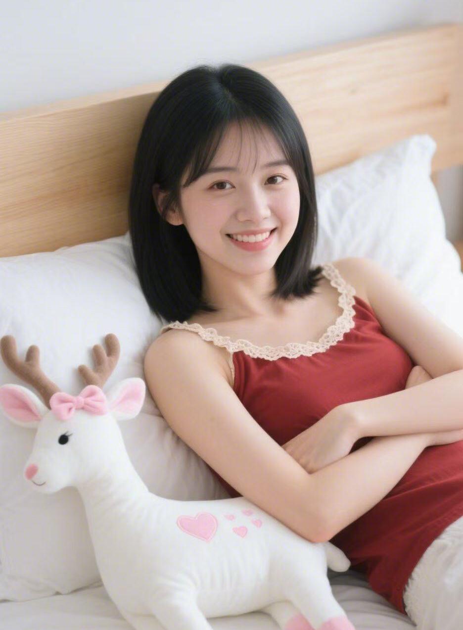 一个女孩躺在床上，抱着一只可爱的鹿玩偶。