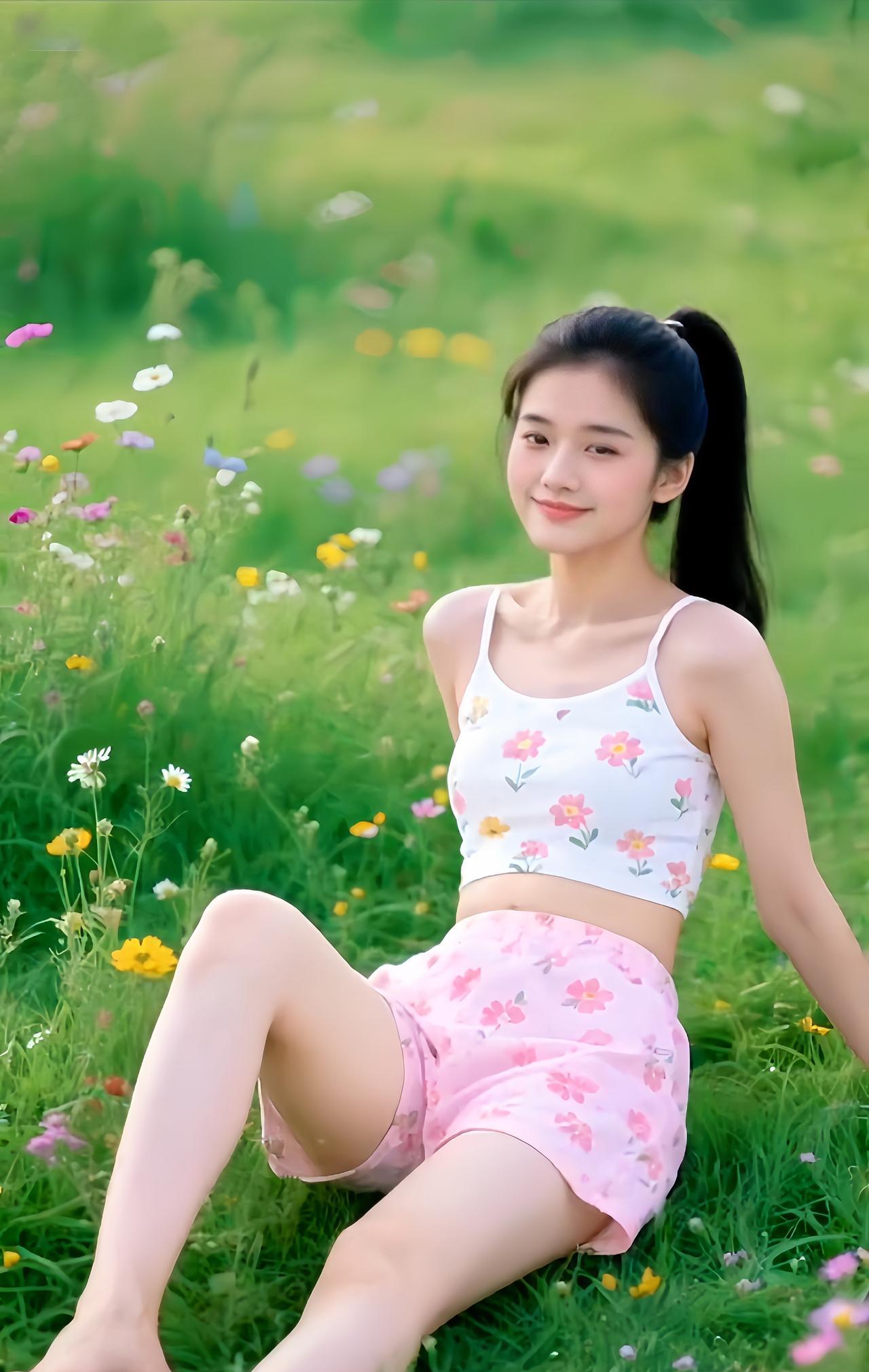 花季少女
夏日草地，像打翻的绿颜料盘，肆意晕染生机。她静坐其间，成了最灵动的风景