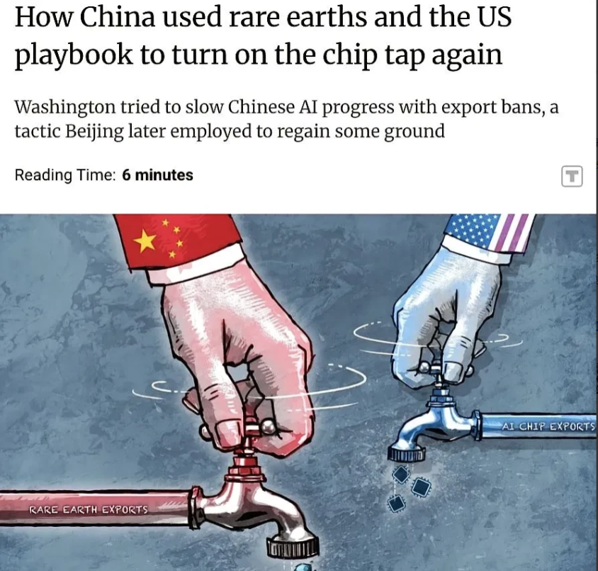 美媒把美国芯片禁令与中国稀土管制比喻成水龙头，但中国的明显更大一些。
关于美国芯