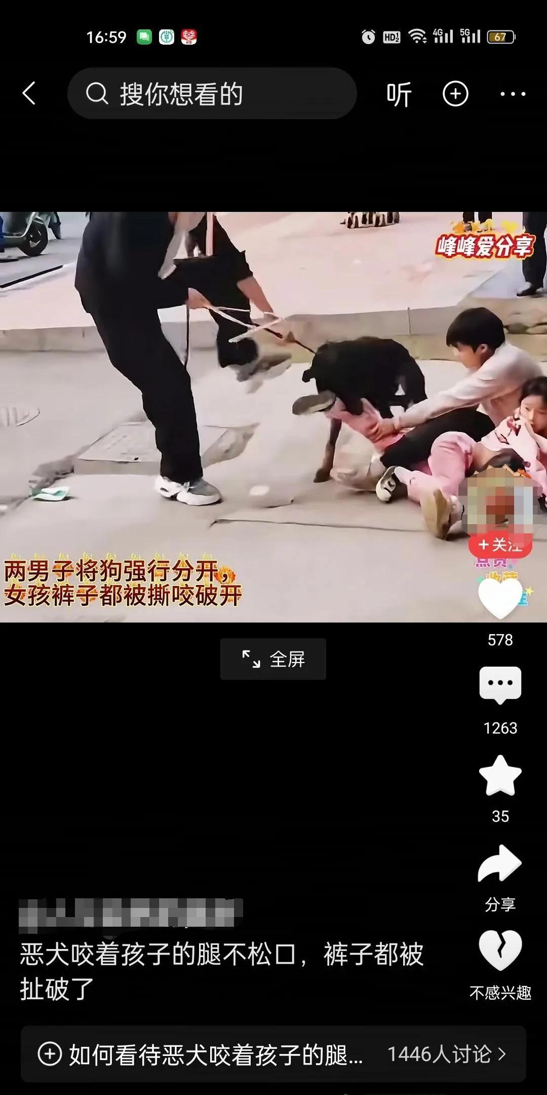又见狗咬人。
刷到一条视频，在街上狗咬着一个小孩的腿，两个男子拼尽全力才将狗拉走