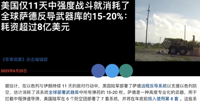 美国在短短 11 天内就用掉了其全球萨德导弹库存的 15-20%，这要是打得久一