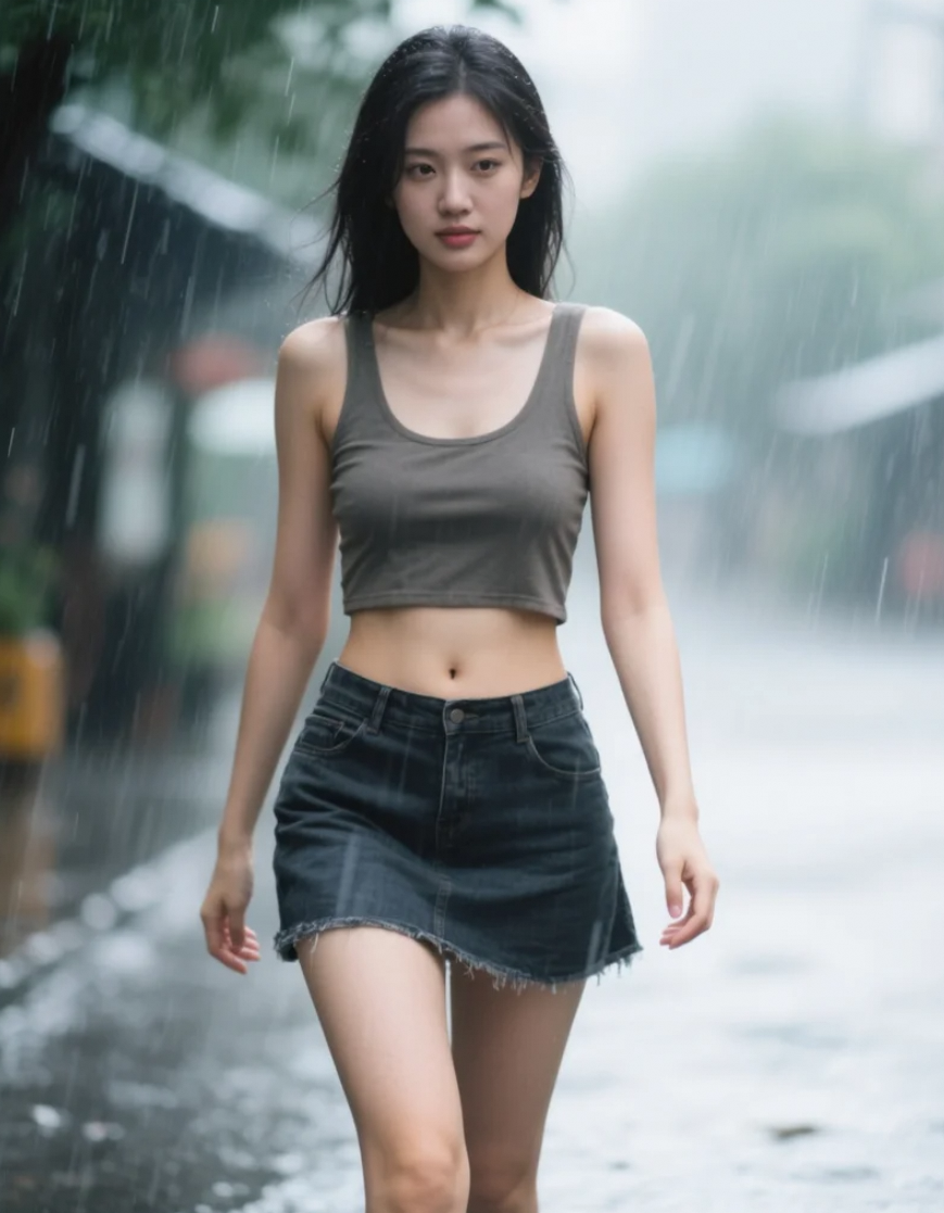雨中的亚洲美女，透明雨滴与露肚脐造型相得益彰
