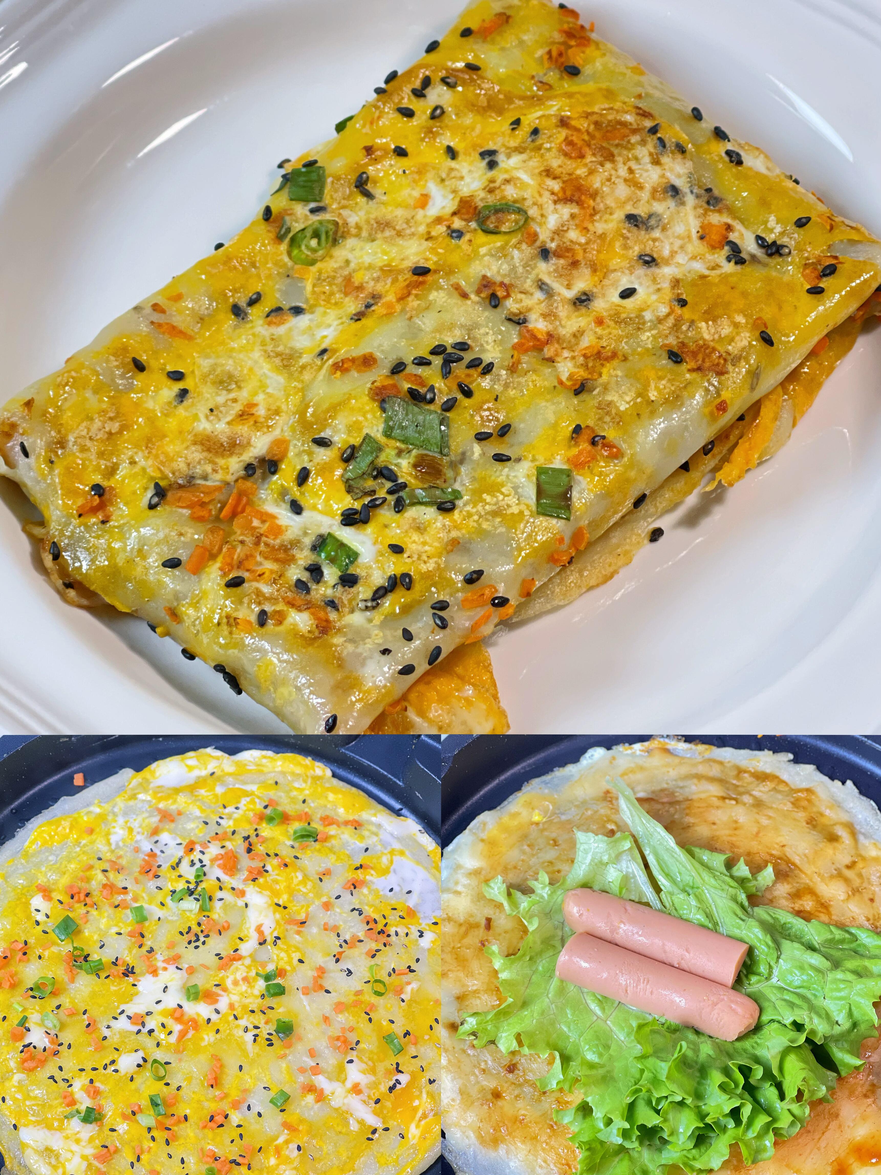 煎饼果子！万能摊煎饼面糊卷什么都好吃
准备食材：葱花、生菜叶、鸡蛋、面粉、黑芝麻