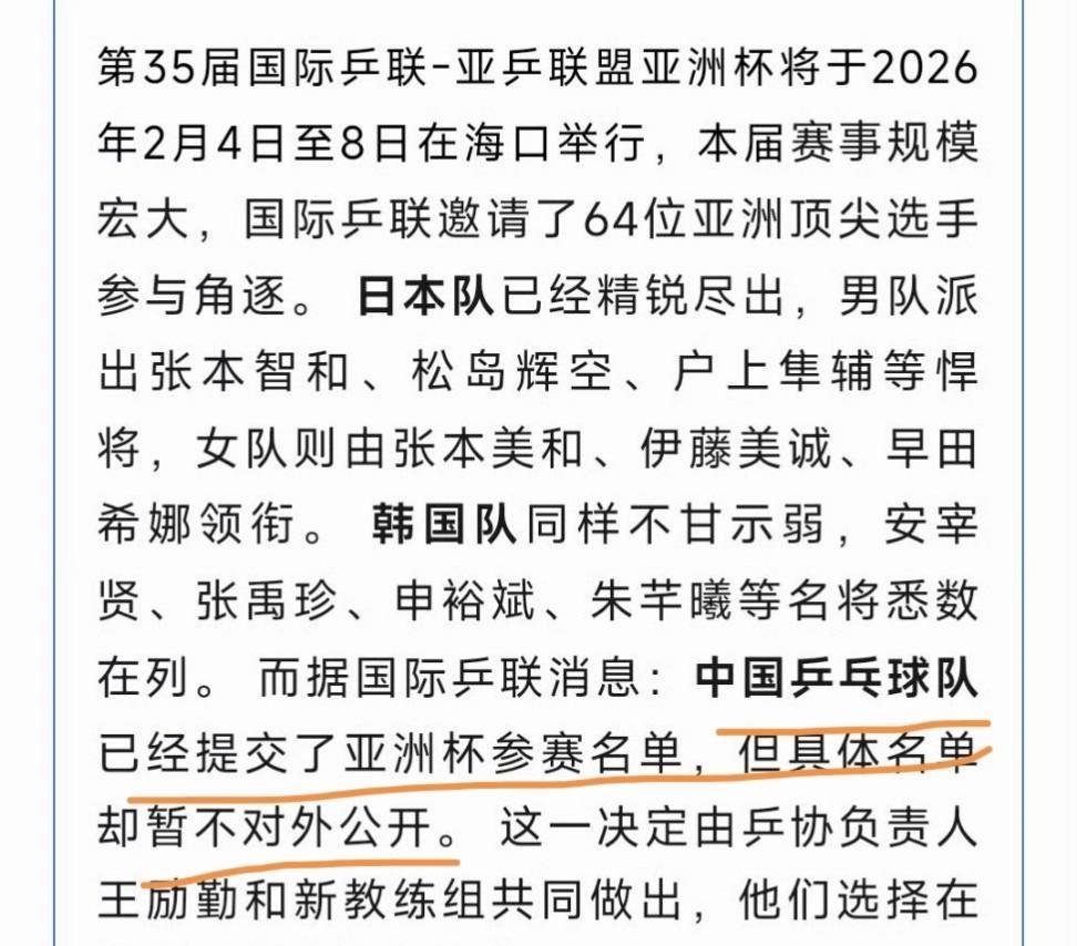 亚洲杯公布参赛名单之前，国际乒联曾有消息称：中国乒乓球队已经提交了亚洲杯参赛名单