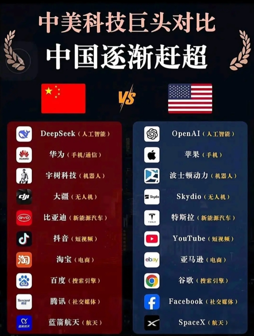 中国与美国的科技巨头实力对比。
看起来好像我国各个领域都有与之相抗衡的主体产业。