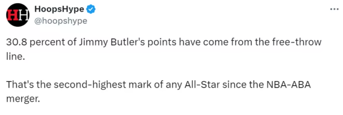 巴特勒得分3成来自罚球！NBA与ABA合并后所有全明星球员中排名第二，仅次于摩西-马龙
