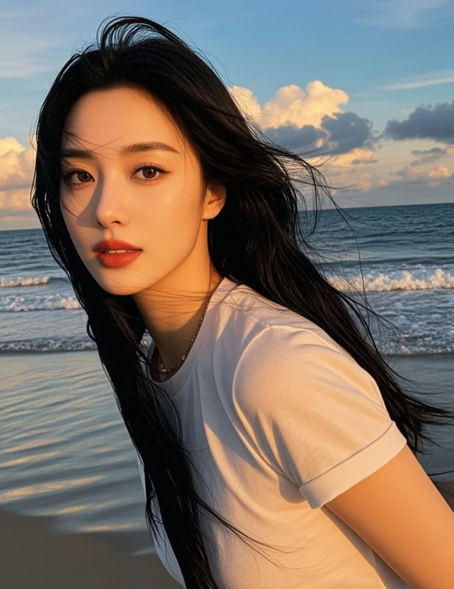 海风把她的长发吹成斜线，与远处帆船的桅杆平行