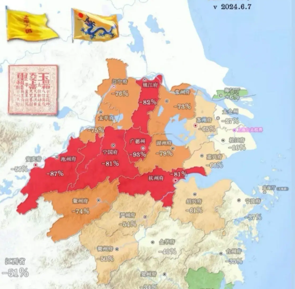 太平天国运动，为江南地区带来了巨大的人口浩劫。

从1851年到1865年这15