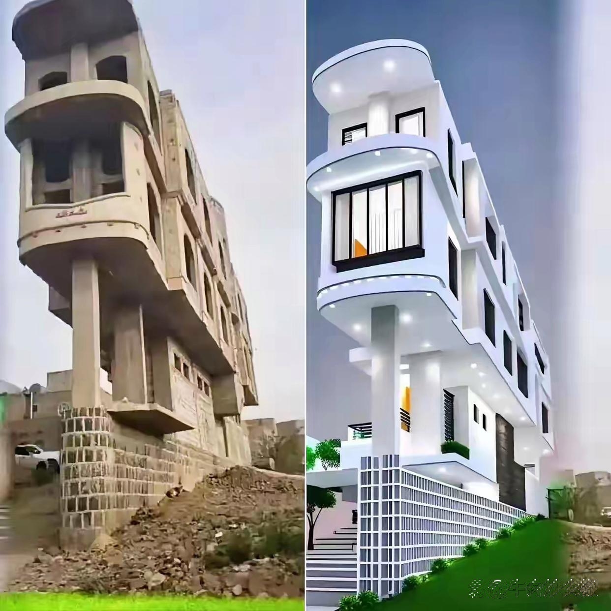 论装修的重要性。某地农村这栋自建房因为地基不够只能建成这样子，但是经设计师精心设