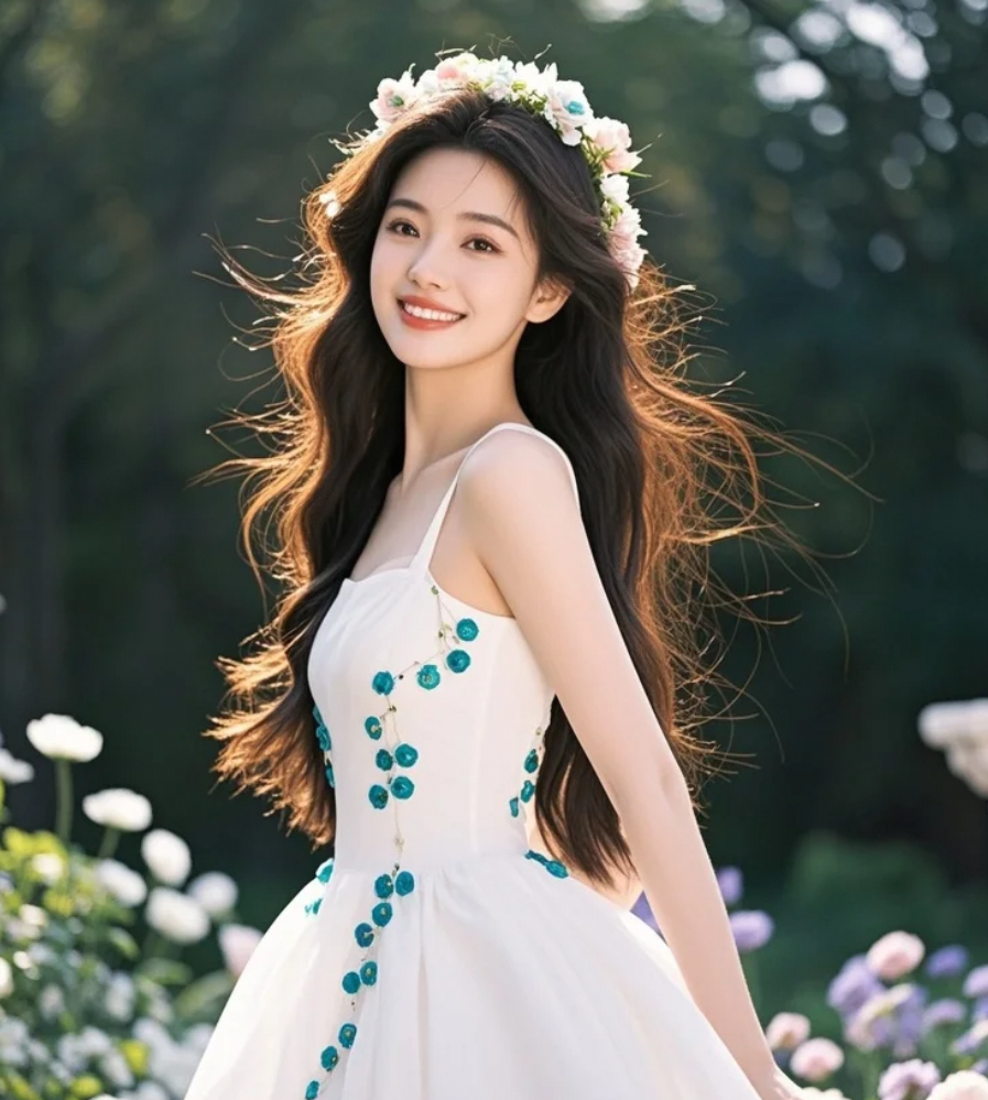 她微微侧身，长发轻扬，笑容里藏着整个夏天的秘密