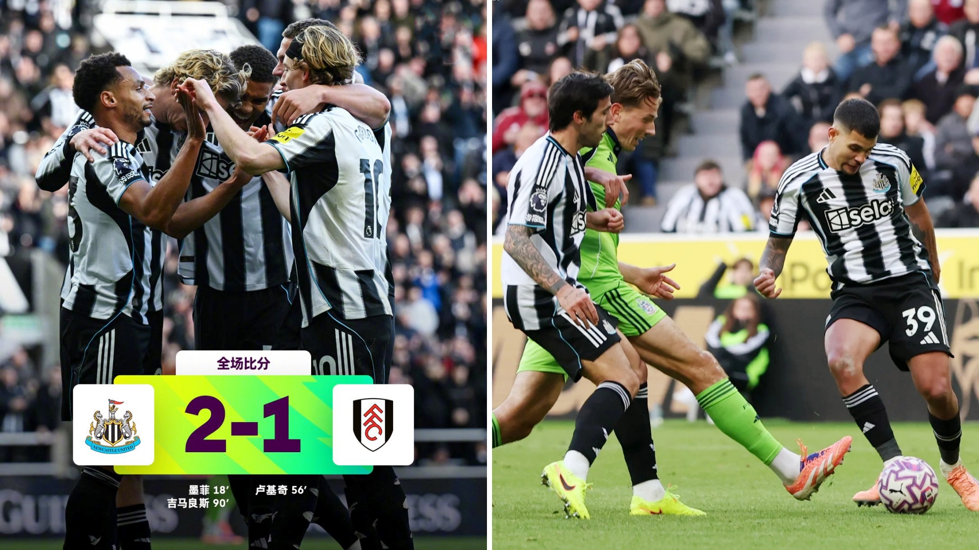 英超：纽卡斯尔联主场2-1击败富勒姆，暂列联赛第11位。
墨菲破门+浪费多次良机