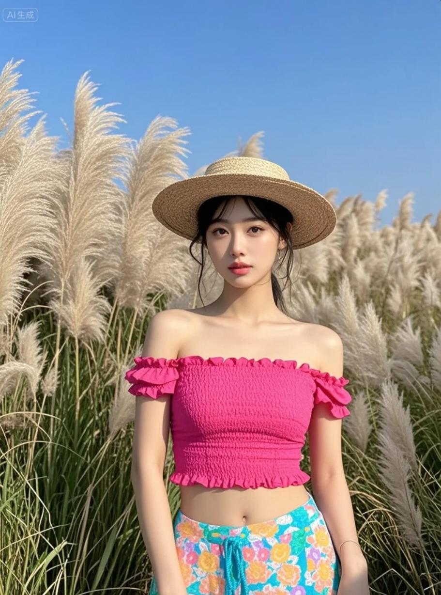 暮色四合：芦苇染上金边，她披上霞光