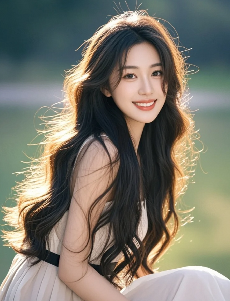长发如海藻般柔顺，笑容如春风般温暖心田