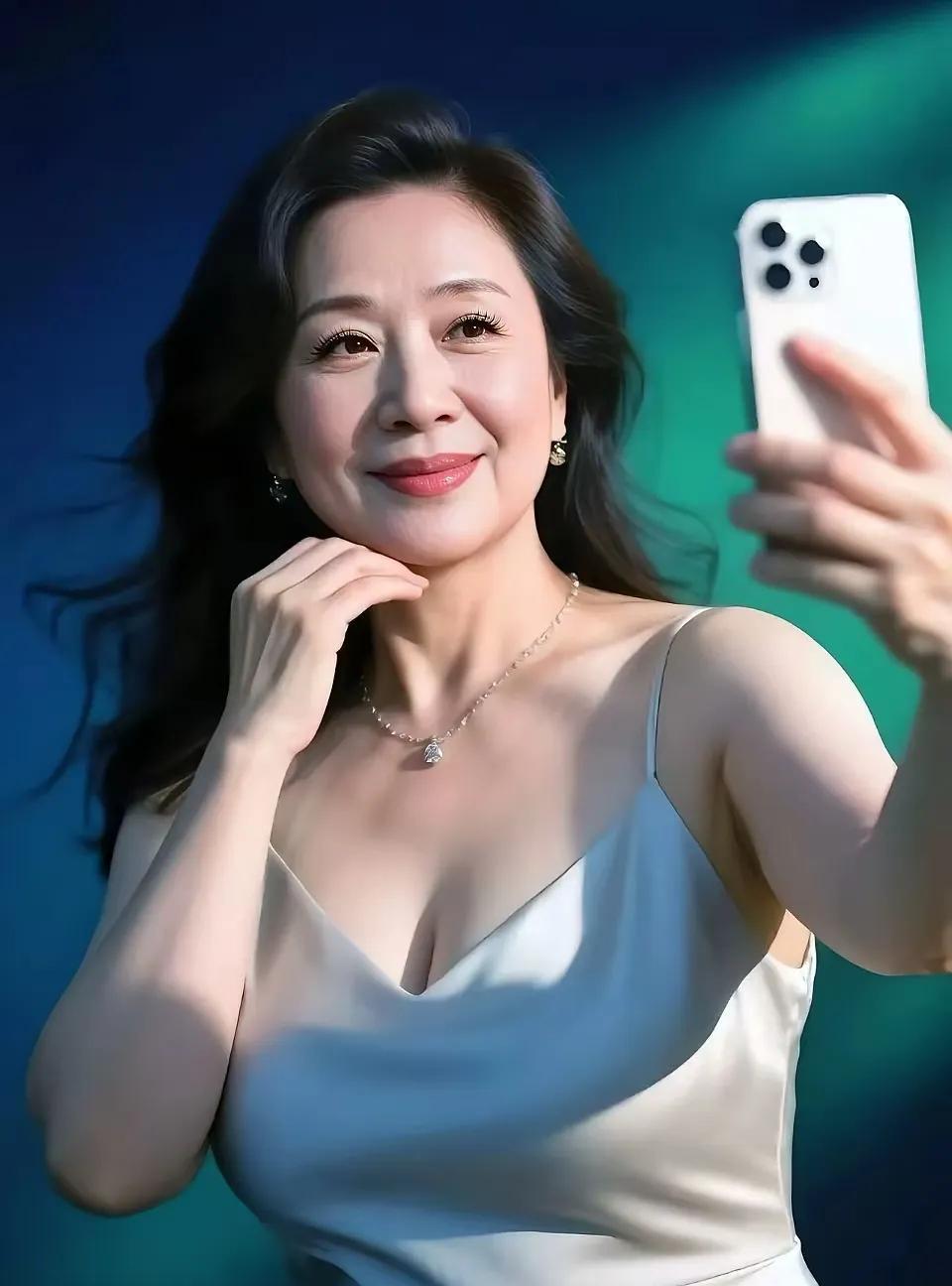 熟美佳人
米缎吊带链光摇，
乌发飞扬影似娇。
眉眼含情春梦绕，
玫瑰绽处韵迢迢。