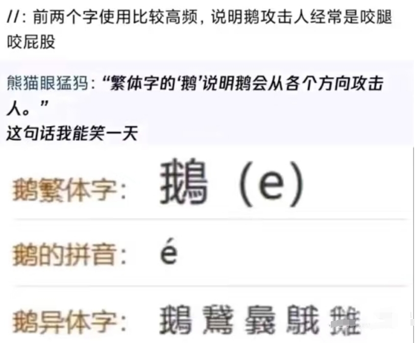 “繁体字的'鹅’说明鹅会从各个方向攻击