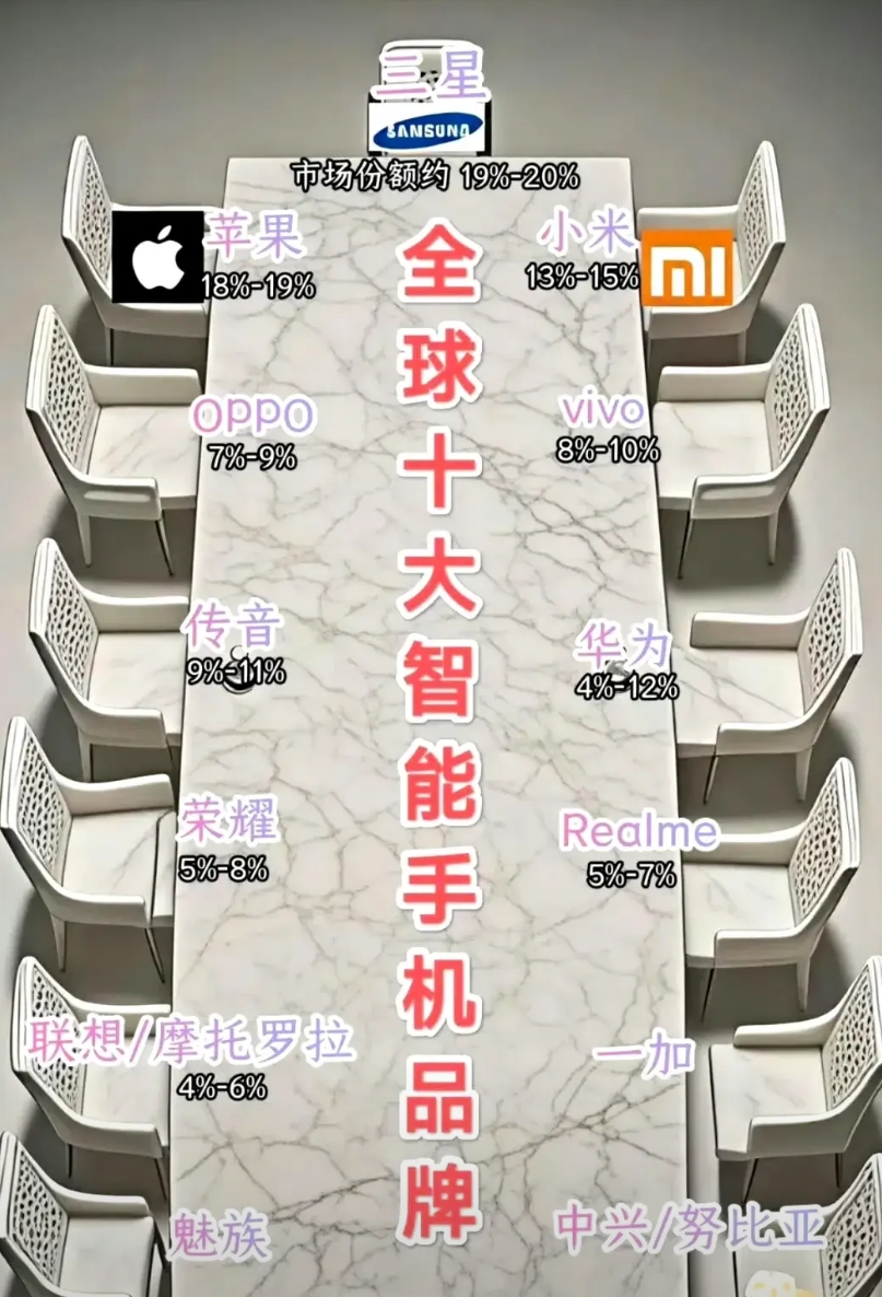 近日，有数码博主发布了全球十大智能手机品牌座次排名榜单。

从榜单来看，依次为三
