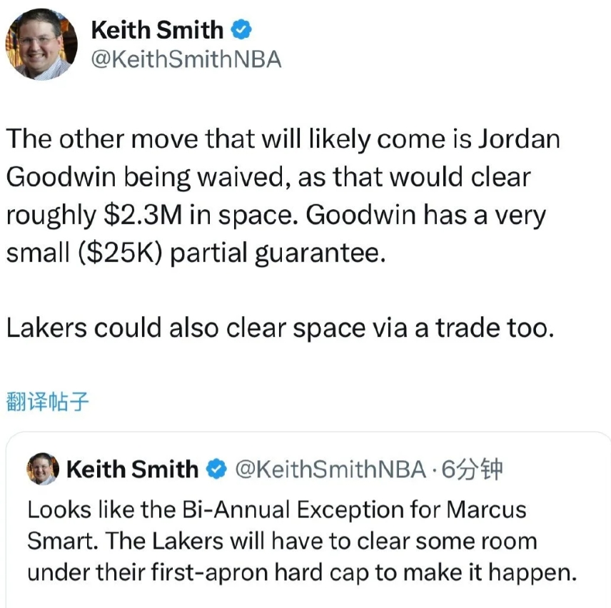 Smith:湖人预计将裁掉米尔顿和古德温来签约斯玛特，或者通过交易的方式腾出空间