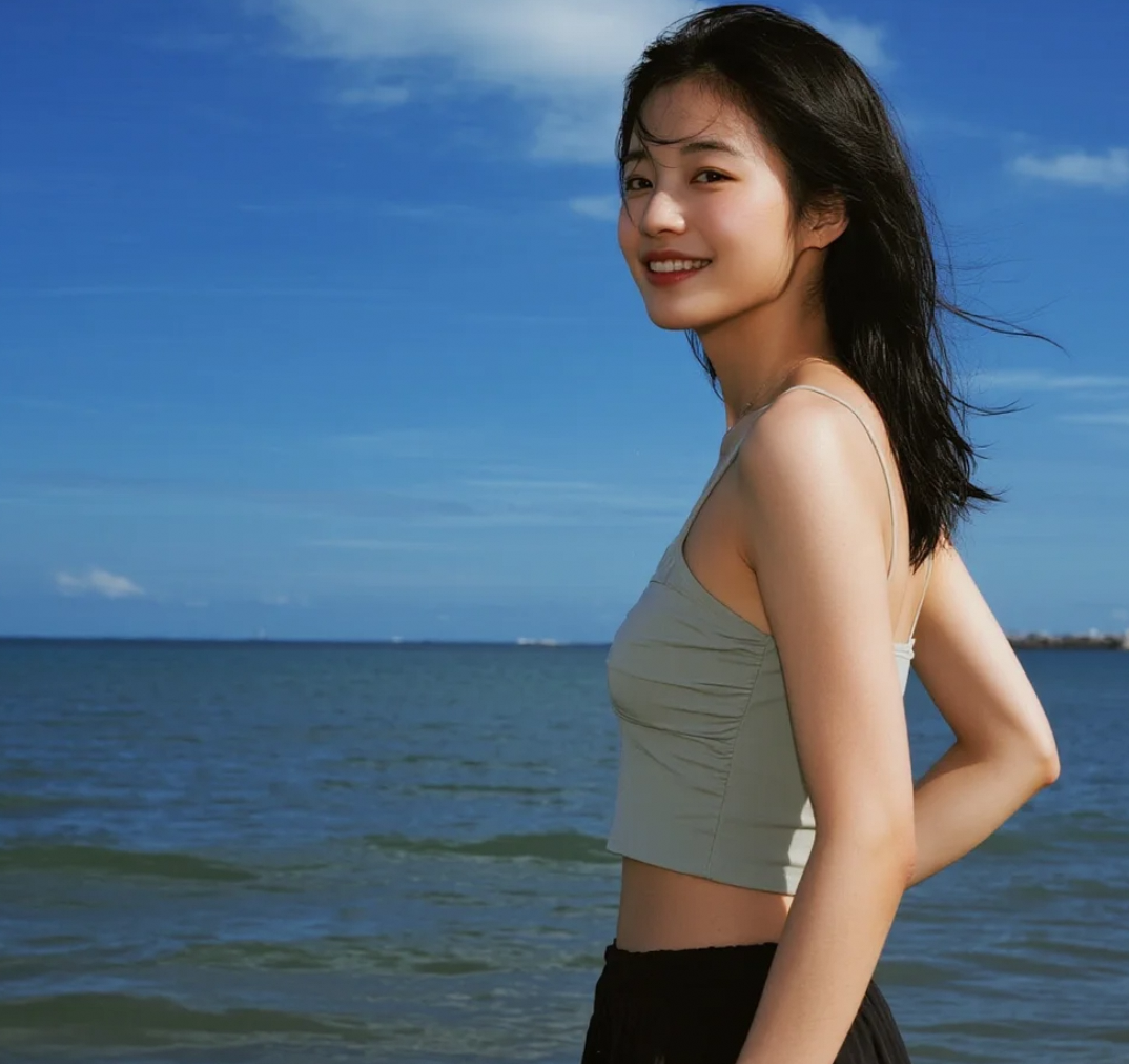 在阳光下绽放魅力，她是夏日海滩的主角