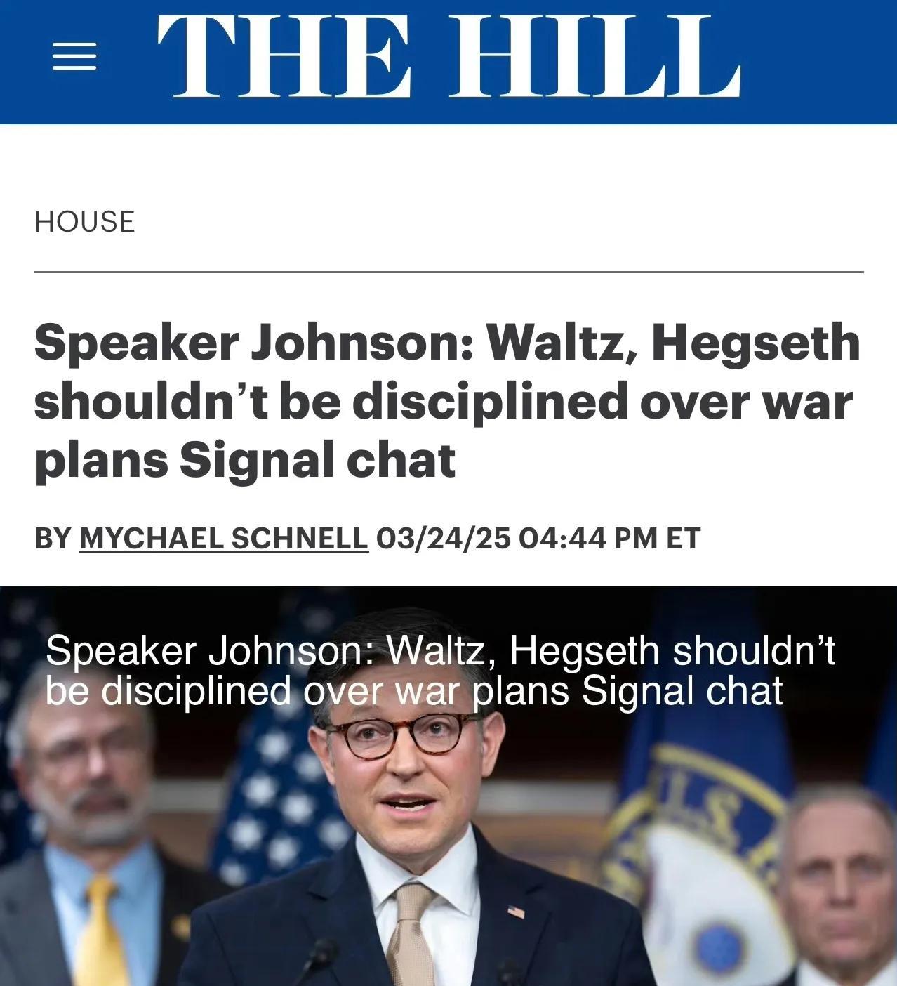 The Hill《國會山報》：在官員們通過短信鏈討論了襲擊也門胡塞叛軍的計劃後，