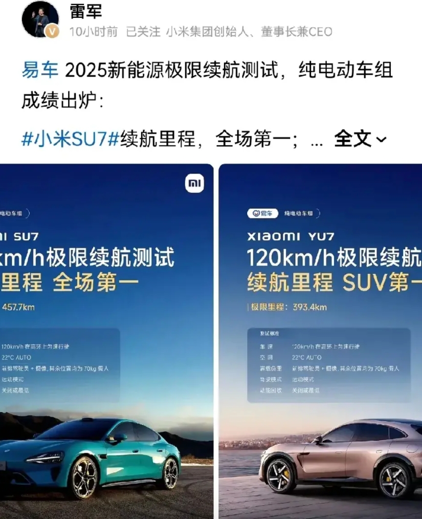 一觉醒来小米汽车又得第一！
小米雷军发言自己家轿车和SUV都得了第一名，来自于易