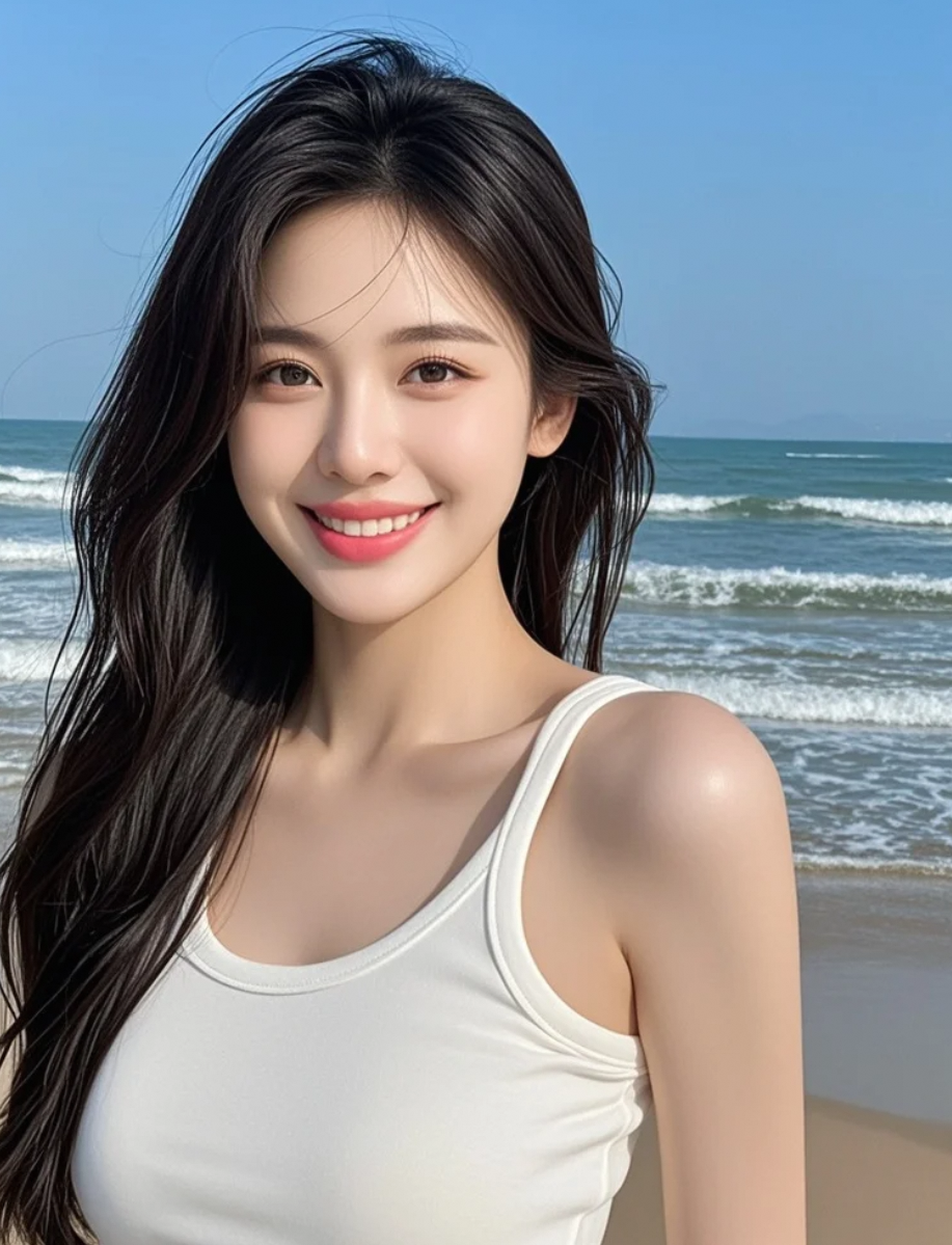 她用自信的姿态，在海边写下最美的篇章