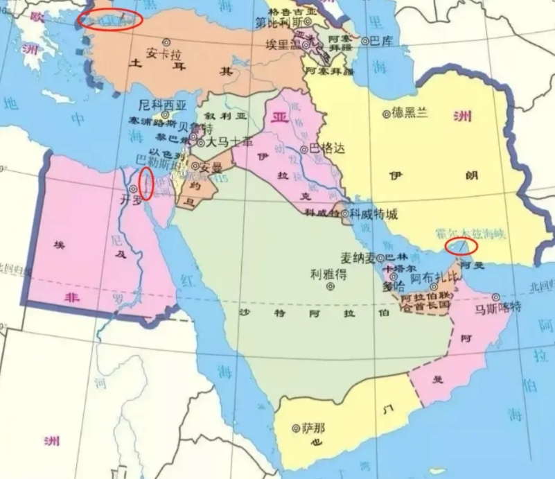 中东3个大国伊朗、埃及、土耳其，每一家都控制战略要道，伊朗控制波斯湾的出口，“世