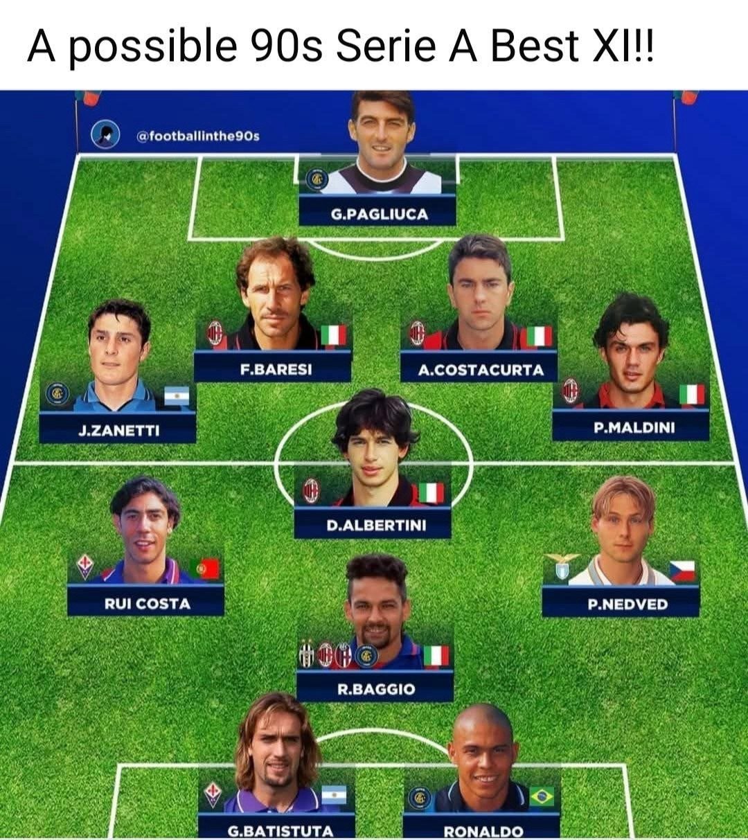 90年代意甲的最佳阵容，那时候的意甲就是小世界杯，可能最佳阵容排出三套首发，也一