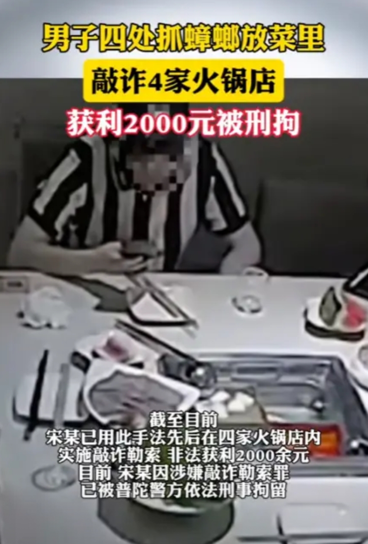 “太缺德了！”2025年，上海，一男子四处抓蟑螂放进菜里，敲诈4家火锅店，直接获