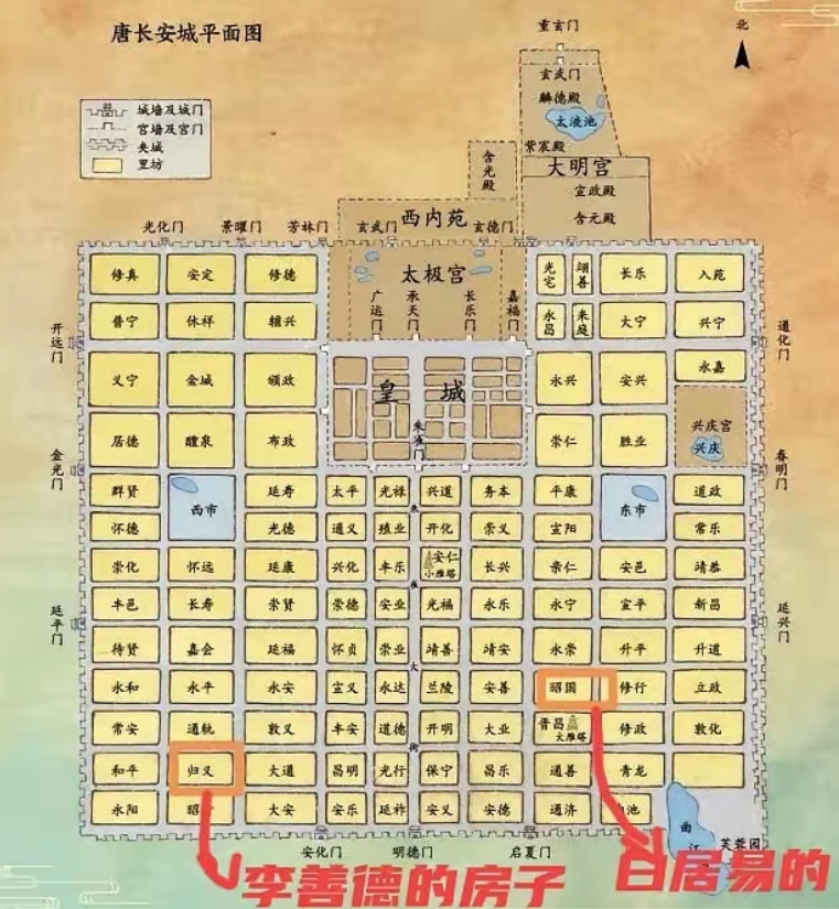 没想到，长安皇城那么小？
李善德家和白居易家那么近？简直都快成了邻居了。
历史上