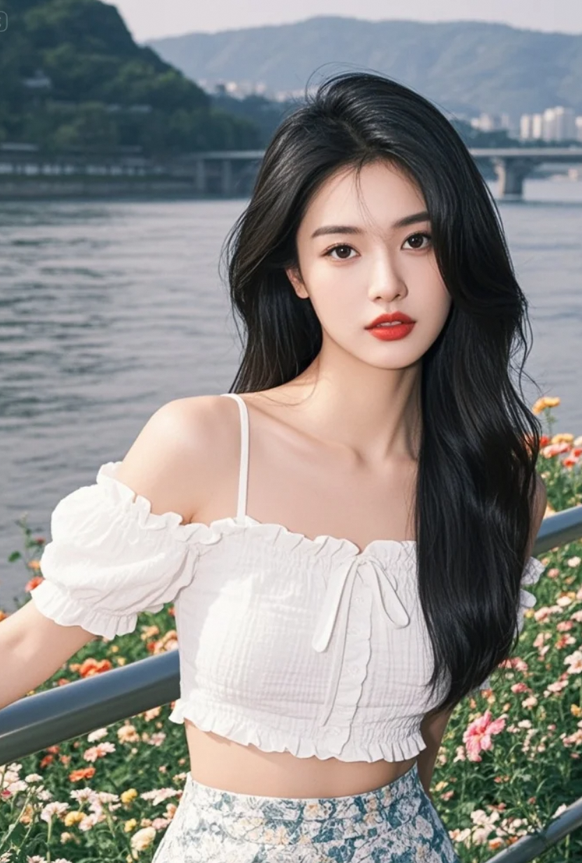 她低头嗅花，连江水都放慢了流淌