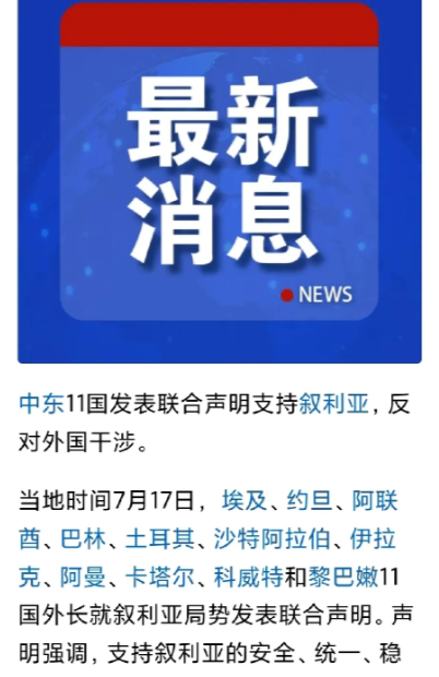 中东11国联合声明支持叙利亚！
注意看，11国里面没有伊朗！